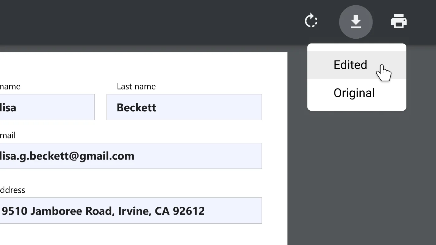 Chrome browser window with an open PDF document, zoomed-in on the download and print options menu.