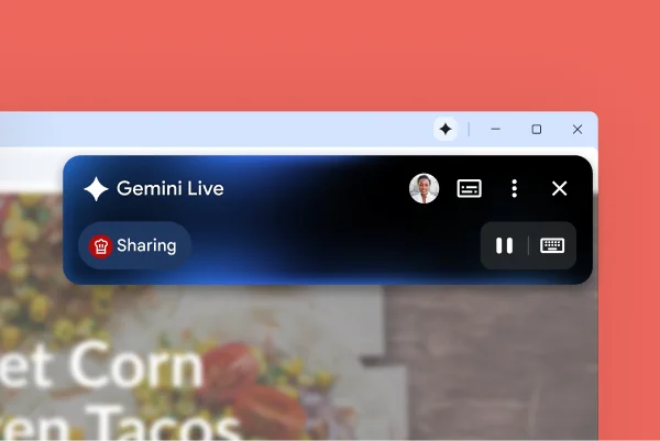 A box titled 'Gemini Live' is over the corner of a webpage. A pause button shows Gemini in Chrome listening to someone talk.