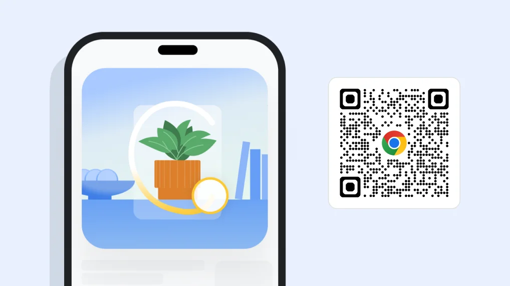 An image of searching by drawing on Chrome. Next to the image is a QR code that can be used to download Chrome.